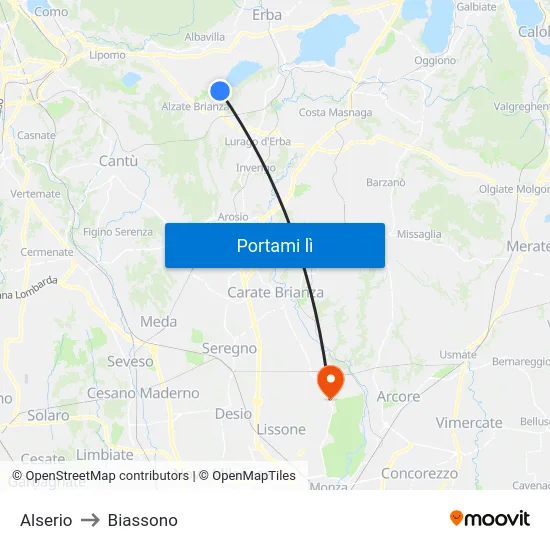 Alserio to Biassono map