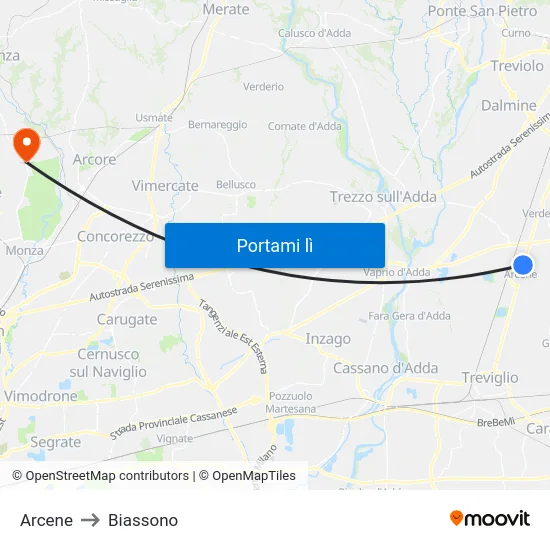 Arcene to Biassono map