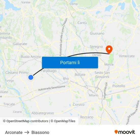 Arconate to Biassono map