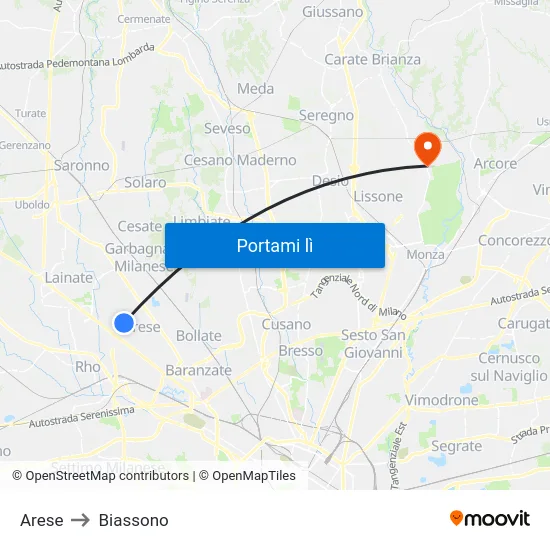 Arese to Biassono map