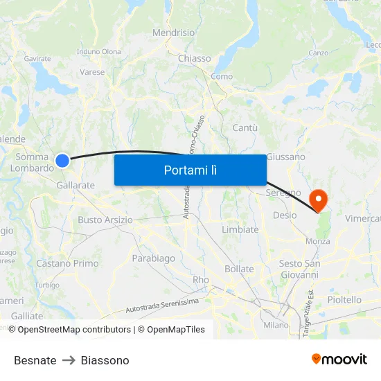 Besnate to Biassono map