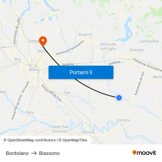 Bordolano to Biassono map