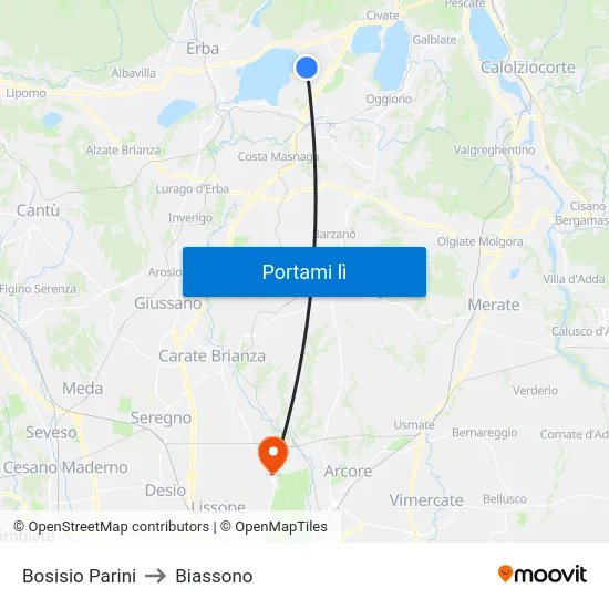 Bosisio Parini to Biassono map