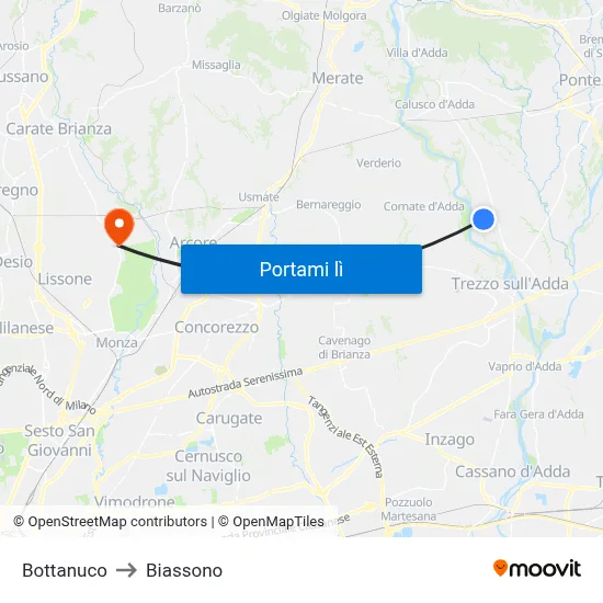 Bottanuco to Biassono map