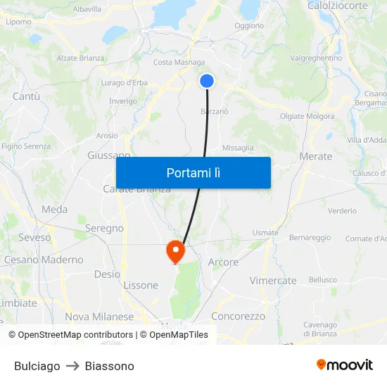 Bulciago to Biassono map
