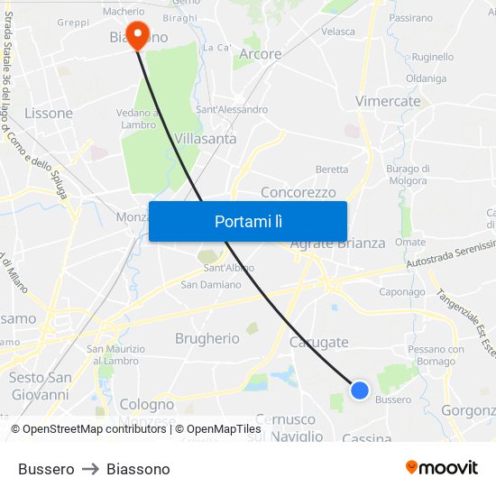 Bussero to Biassono map