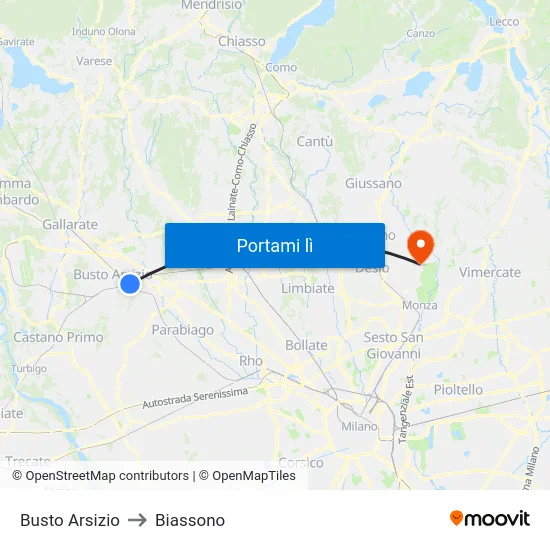 Busto Arsizio to Biassono map
