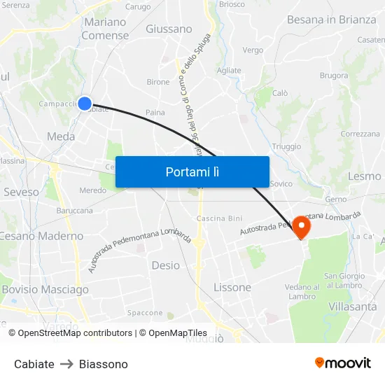 Cabiate to Biassono map