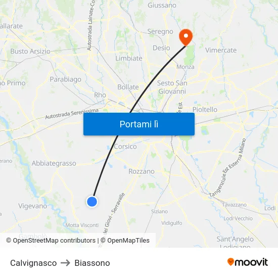Calvignasco to Biassono map