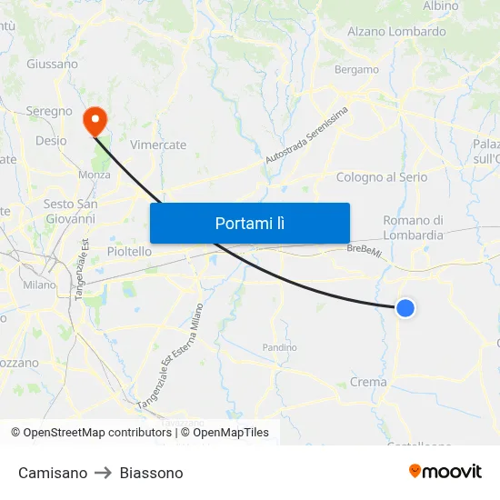 Camisano to Biassono map