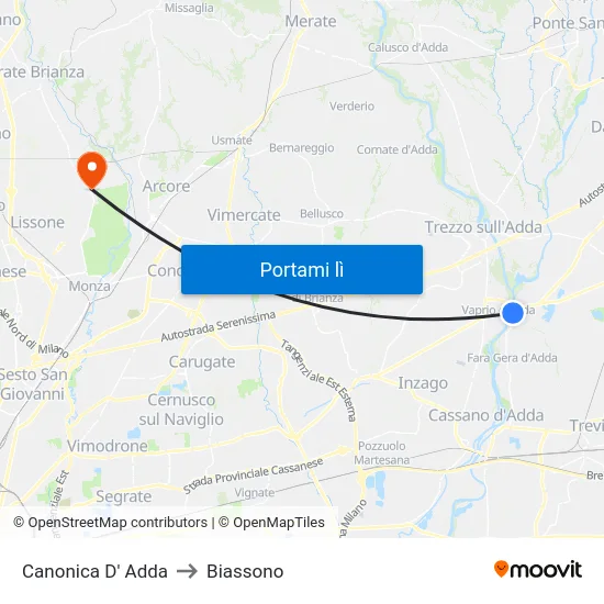 Canonica D' Adda to Biassono map