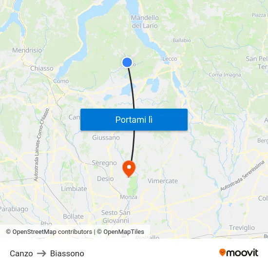 Canzo to Biassono map