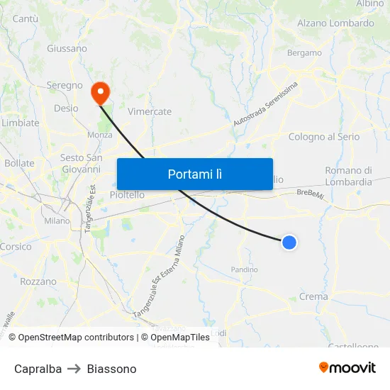 Capralba to Biassono map