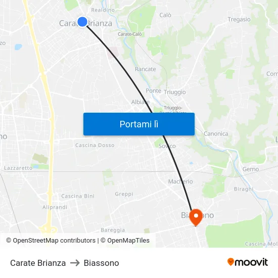 Carate Brianza to Biassono map