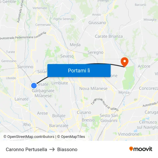 Caronno Pertusella to Biassono map