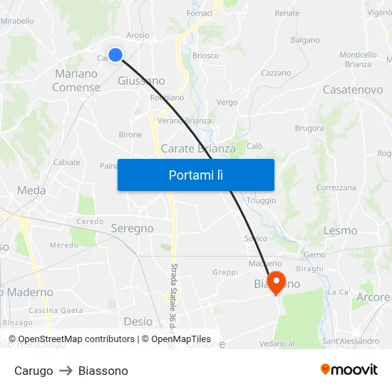 Carugo to Biassono map