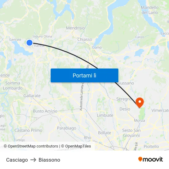Casciago to Biassono map