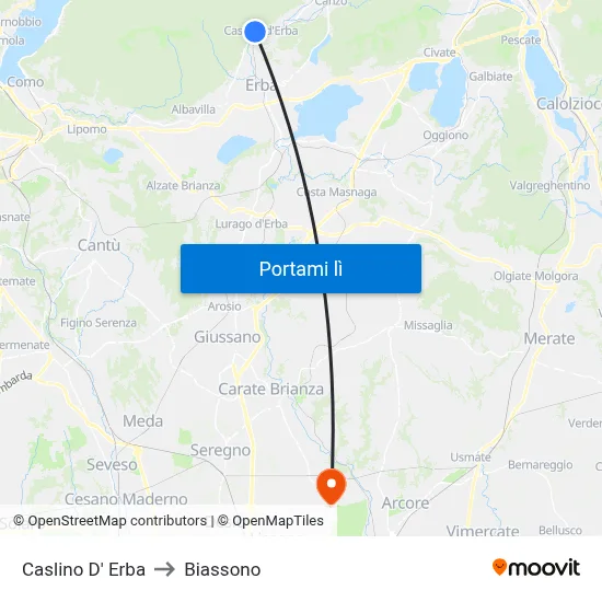 Caslino D' Erba to Biassono map