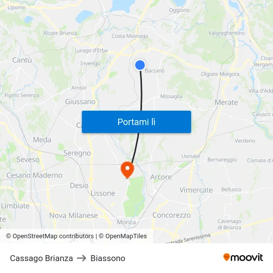 Cassago Brianza to Biassono map