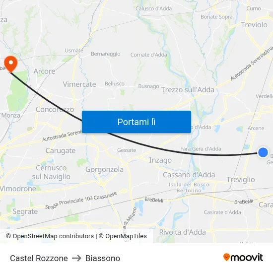 Castel Rozzone to Biassono map