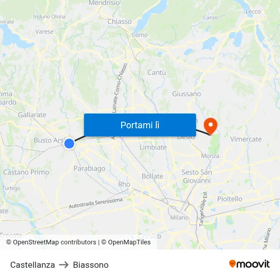 Castellanza to Biassono map