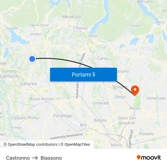 Castronno to Biassono map
