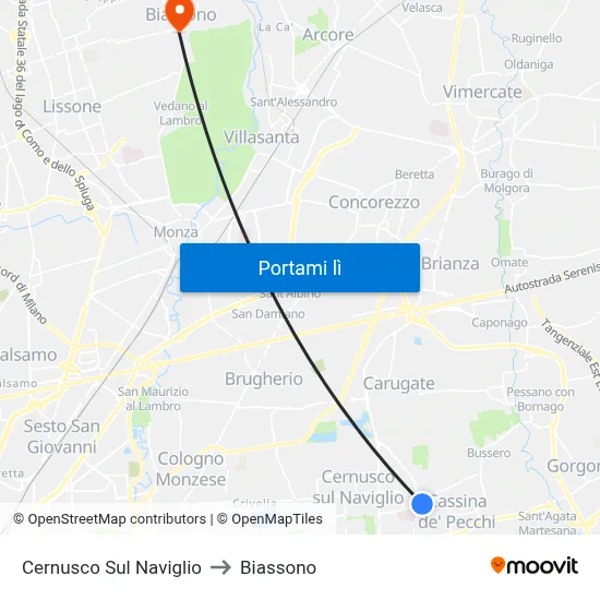 Cernusco Sul Naviglio to Biassono map