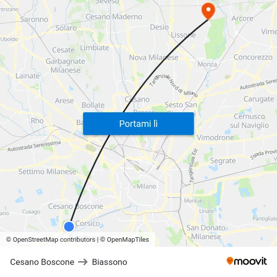 Cesano Boscone to Biassono map