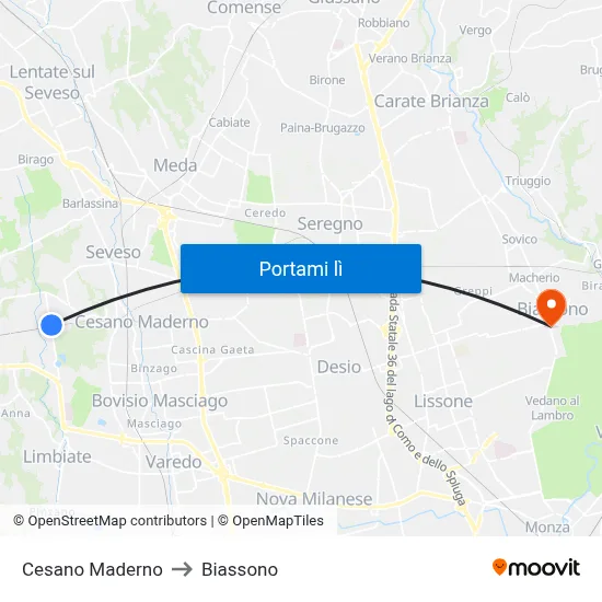Cesano Maderno to Biassono map