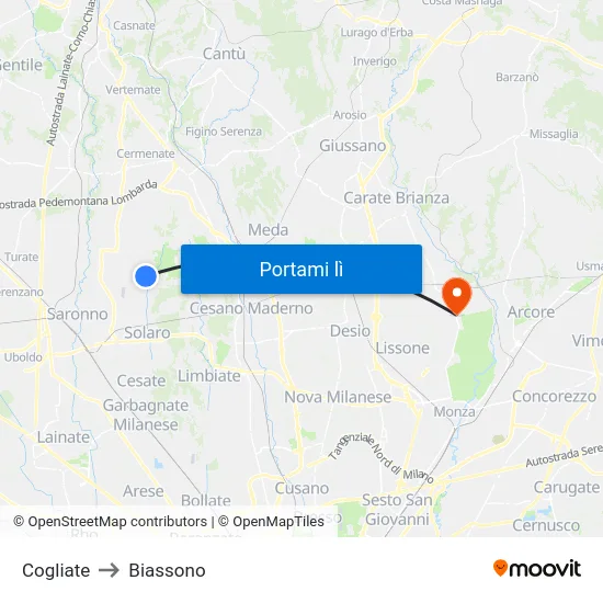 Cogliate to Biassono map