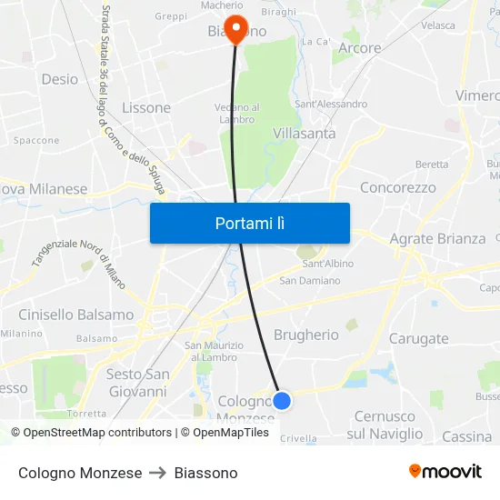 Cologno Monzese to Biassono map