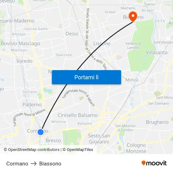Cormano to Biassono map