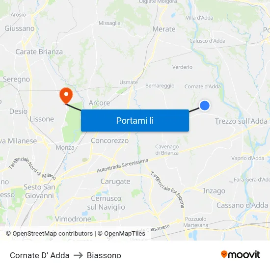 Cornate D' Adda to Biassono map
