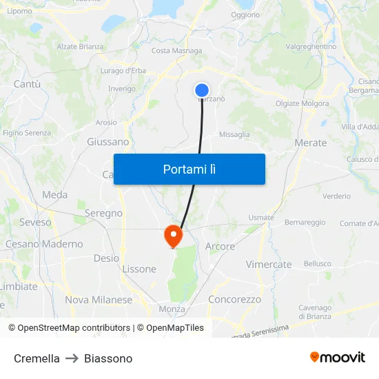 Cremella to Biassono map