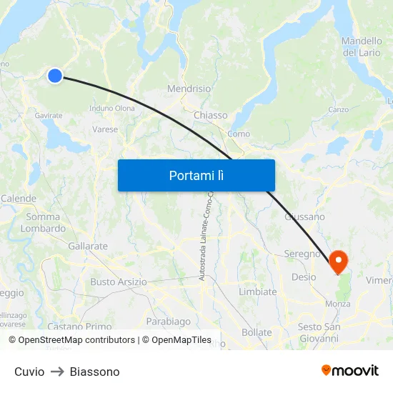 Cuvio to Biassono map