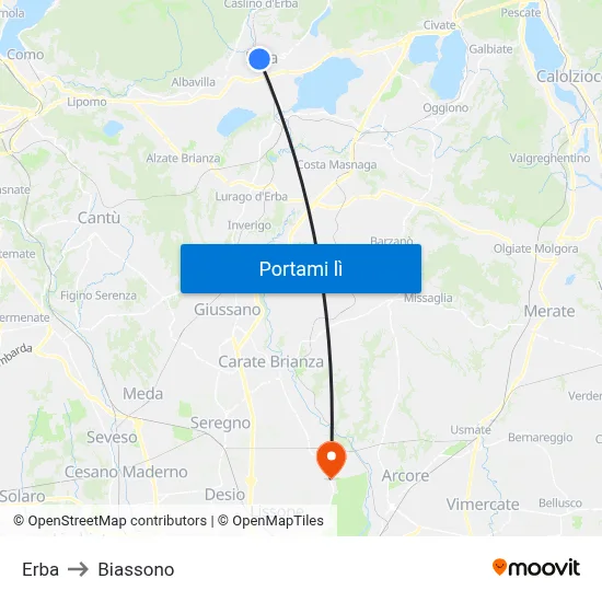 Erba to Biassono map