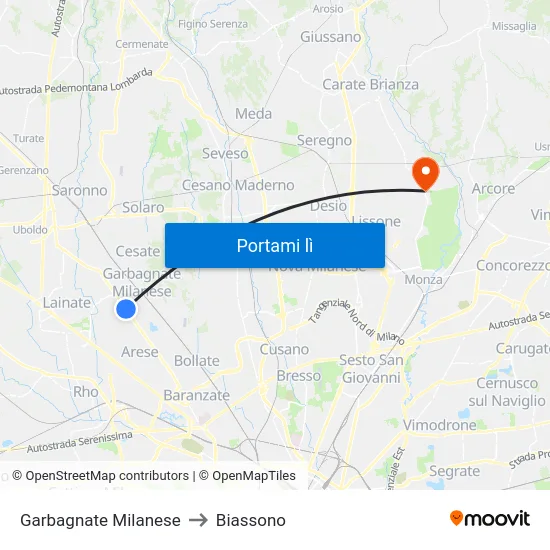 Garbagnate Milanese to Biassono map