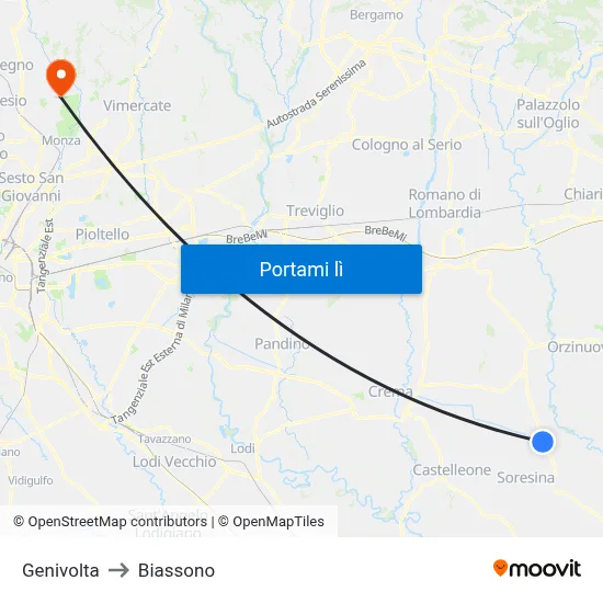 Genivolta to Biassono map