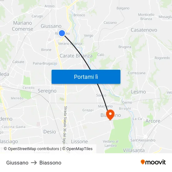 Giussano to Biassono map