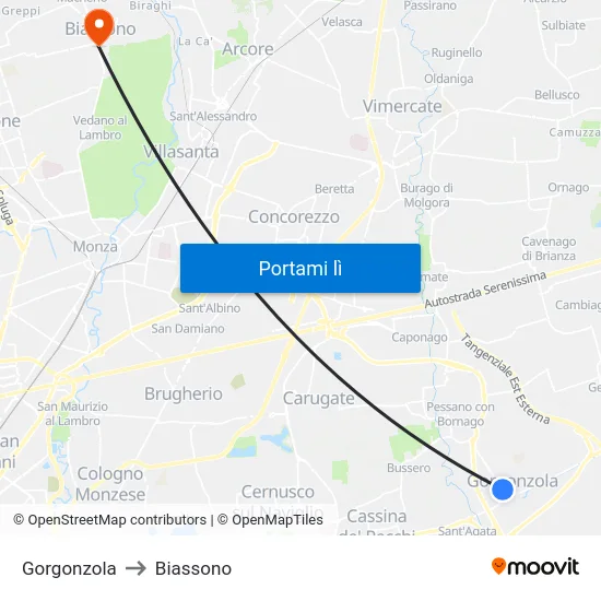 Gorgonzola to Biassono map