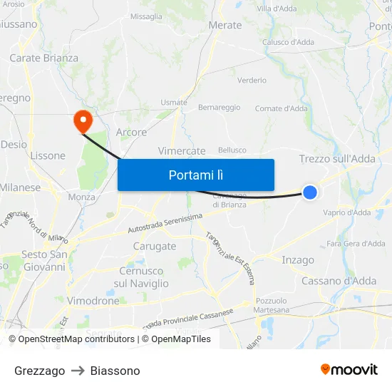 Grezzago to Biassono map