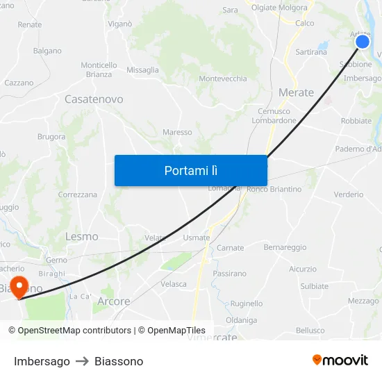 Imbersago to Biassono map