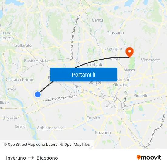 Inveruno to Biassono map