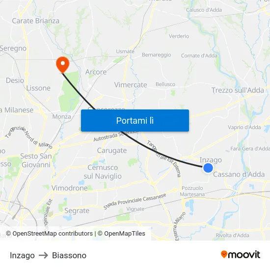 Inzago to Biassono map