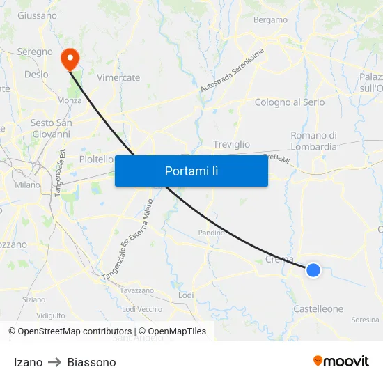 Izano to Biassono map