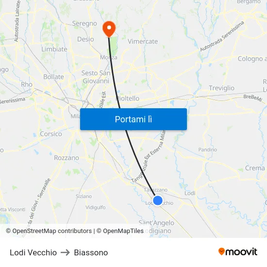 Lodi Vecchio to Biassono map