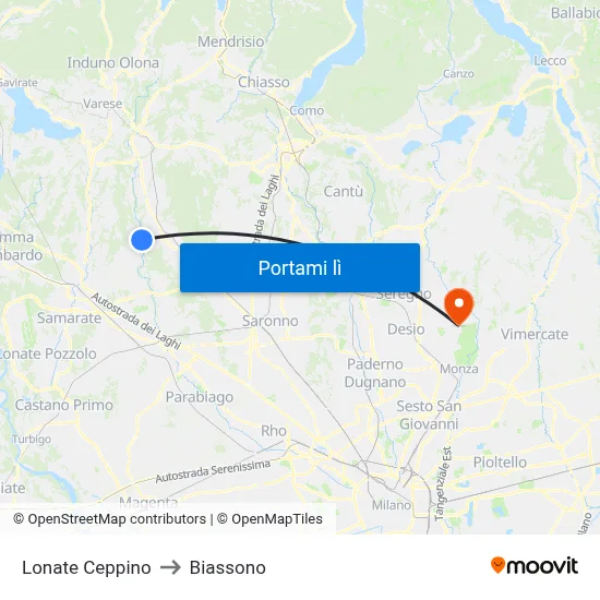 Lonate Ceppino to Biassono map