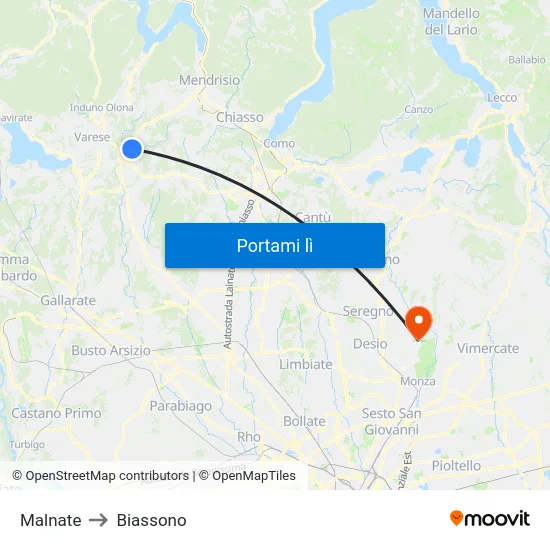 Malnate to Biassono map