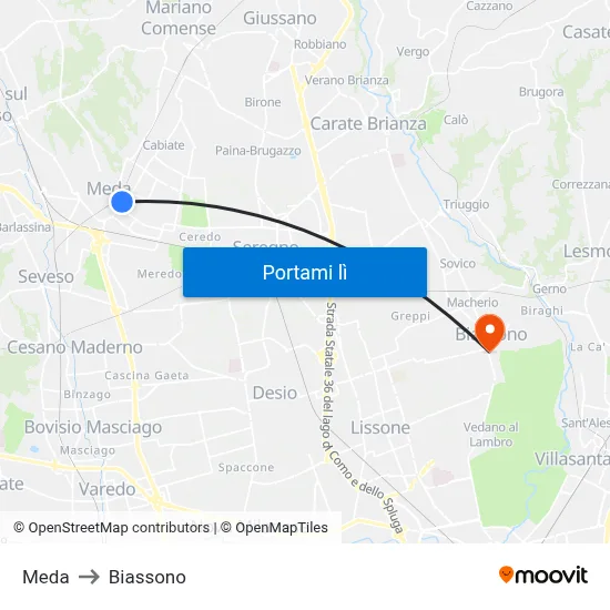 Meda to Biassono map