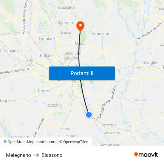Melegnano to Biassono map